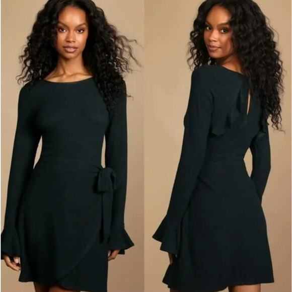 Lulus Favorite Tune Sweater Dress Faux Wrap Bell Sleeve Black NWT XL - Picture 1 of 7
